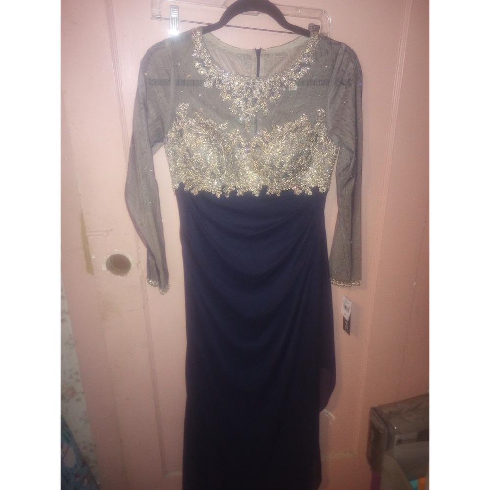 Xscape Illusion Petite 6 Gold/Navy Formal Gown Sheer Embroidery NWT